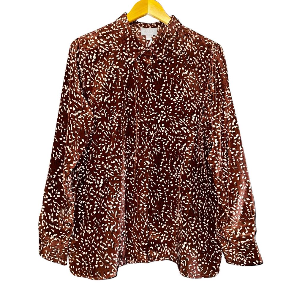 NWT Pure Collection Washed Silk Button Up Top Women 12 Brown Cheetah Fall Luxury